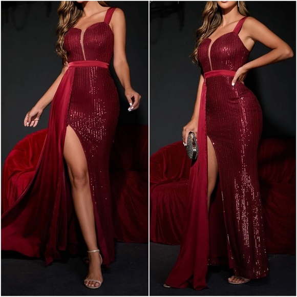 Luxe Champagne Sequins slit Thigh Formal Wedding Maxi Dress - Picture 2 of 8